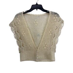 Vintage Handmade Crochet Vest Cream Boho Hippie Festival Layering Top